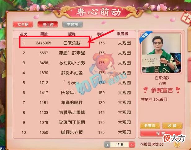 【游戏世界】梦幻西游：杨洋宣传春心萌动比赛，神豪王谢一天时间投110万票