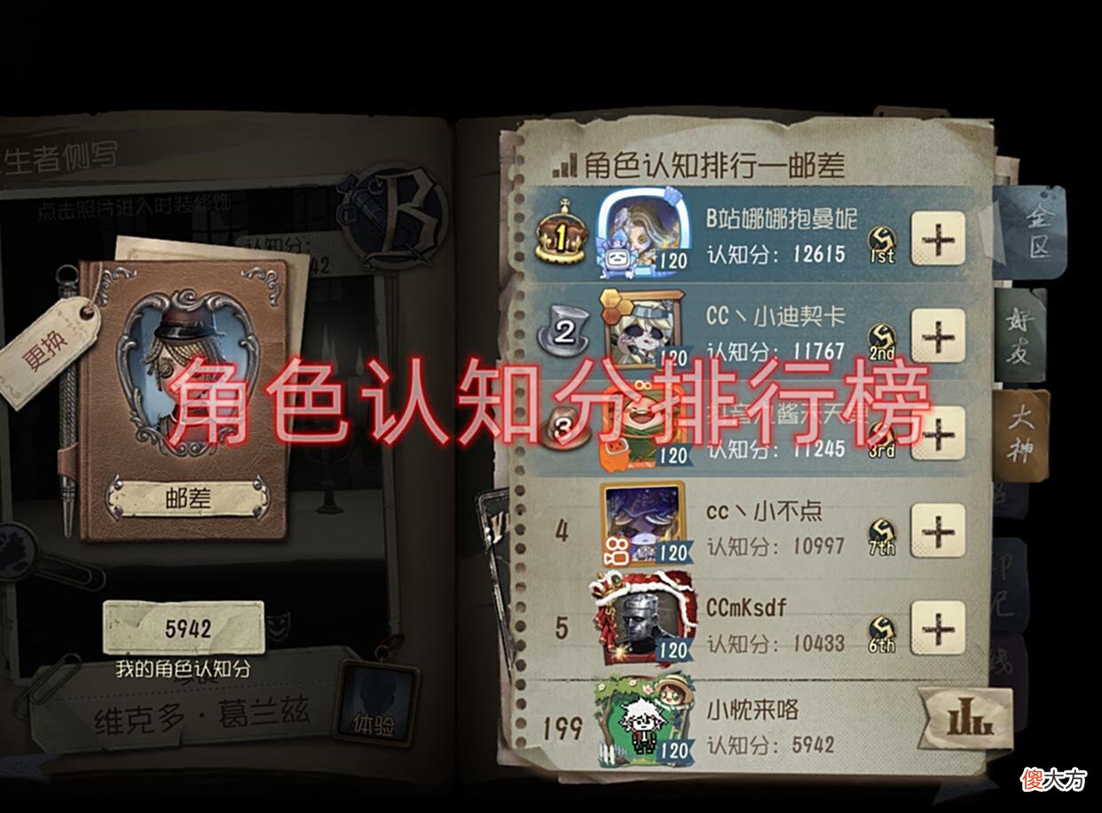 【游戏迷】第五人格：角色认知分一万以上有33位，人类13位，屠夫20位