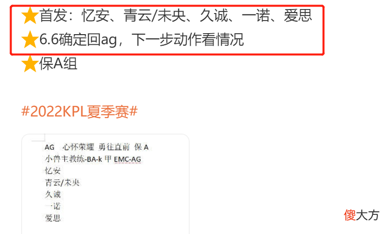 【游戏世界】居居石锤六点六回归AG，春季赛三强首发不变，狼队小胖成唯一变数