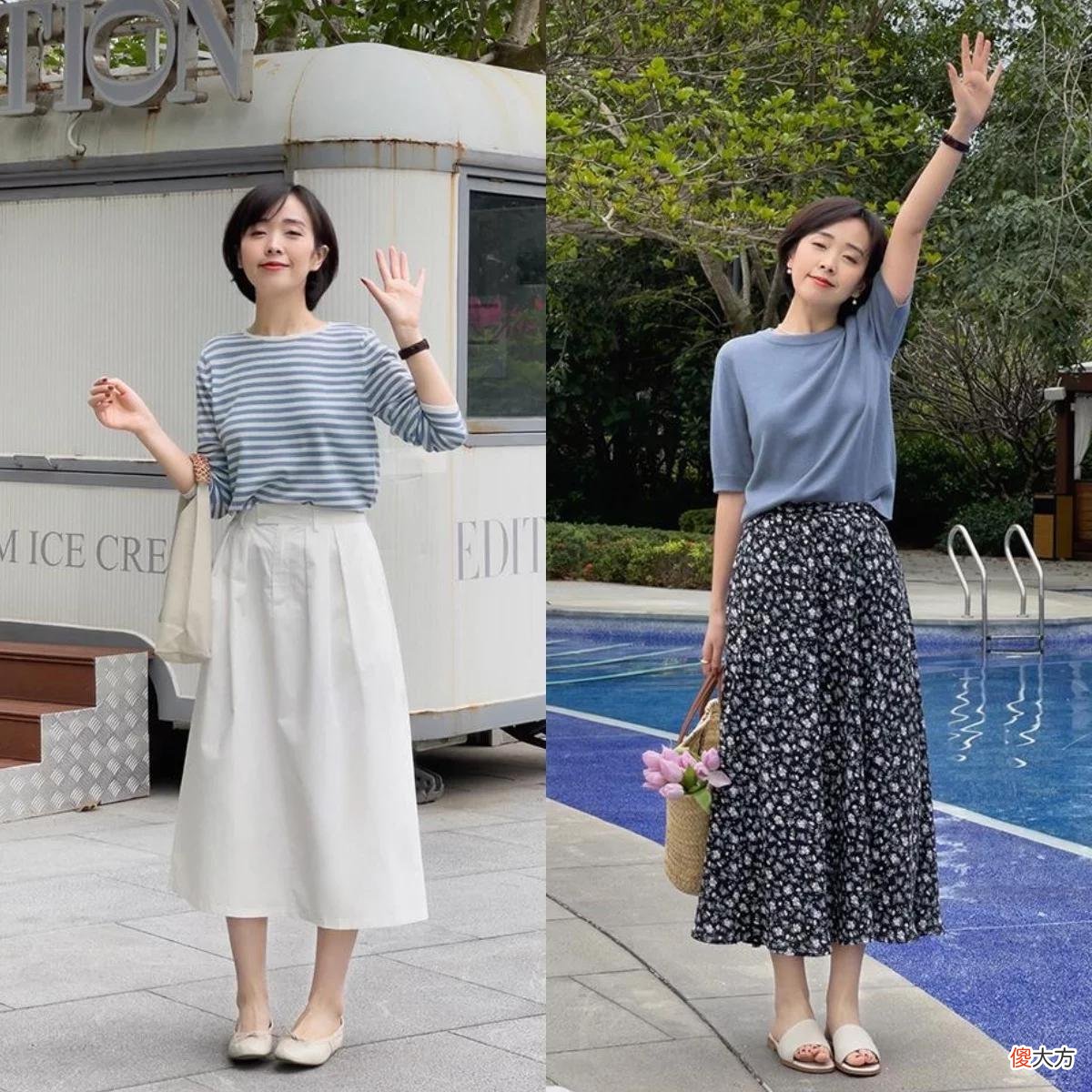 【时尚一点】女人不管年龄多大，夏季穿“薄针织衫+半身裙”，优雅到骨子里