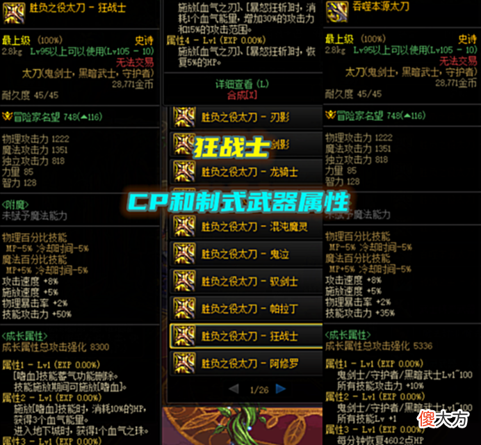 【游戏世界】DNF：男鬼剑士五大职业，CP和制式武器数值对比，差距一目了然