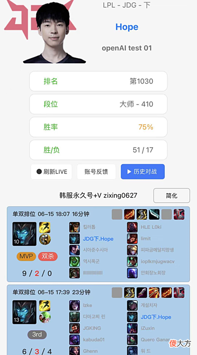 【游戏世界】Hope登韩服第一后打小号，王者局1打5场场乱杀！网友：像个怪物