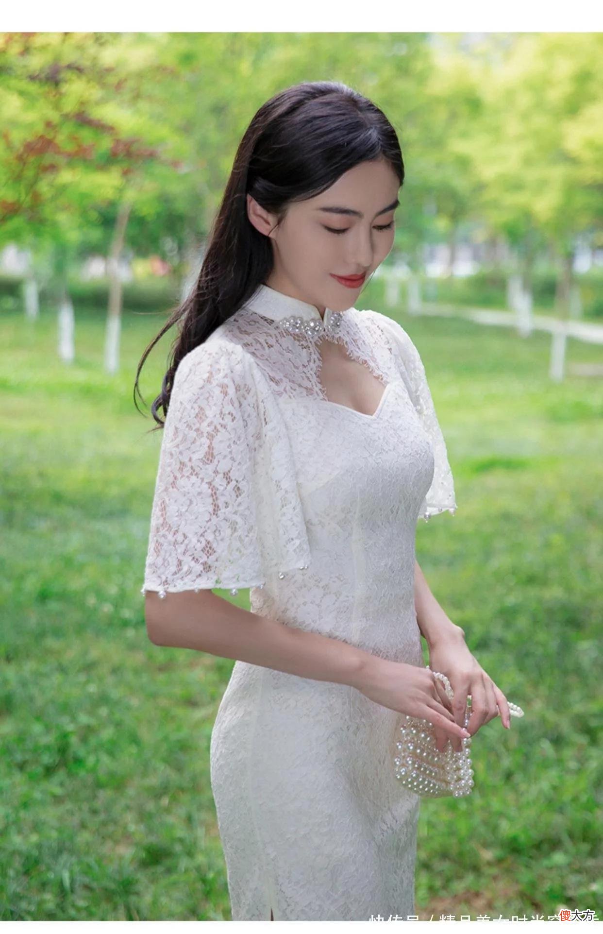 【就爱时尚】花卉蕾丝旗袍连衣裙清新的白色经典百搭镂空抹胸型挖领新式复古凸显浪漫仙气