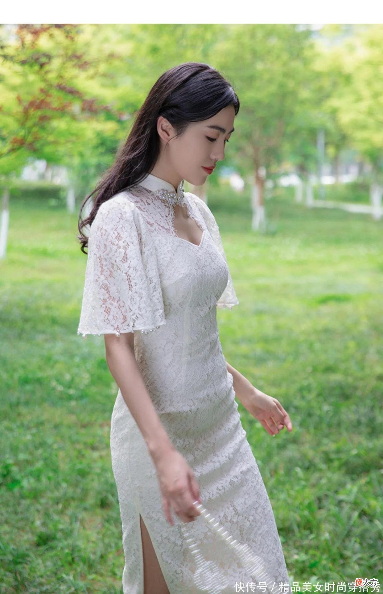 【就爱时尚】花卉蕾丝旗袍连衣裙清新的白色经典百搭镂空抹胸型挖领新式复古凸显浪漫仙气