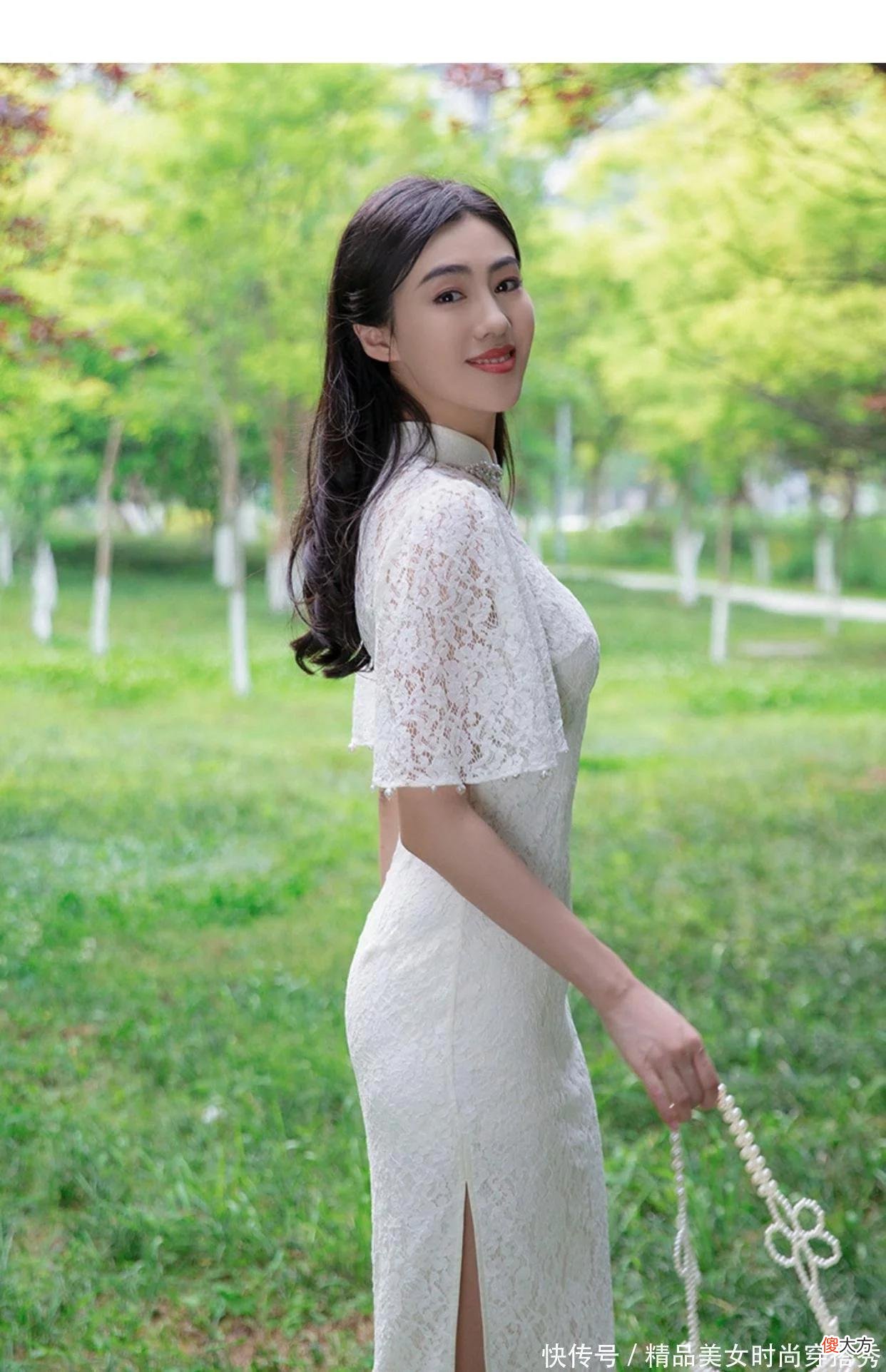【就爱时尚】花卉蕾丝旗袍连衣裙清新的白色经典百搭镂空抹胸型挖领新式复古凸显浪漫仙气